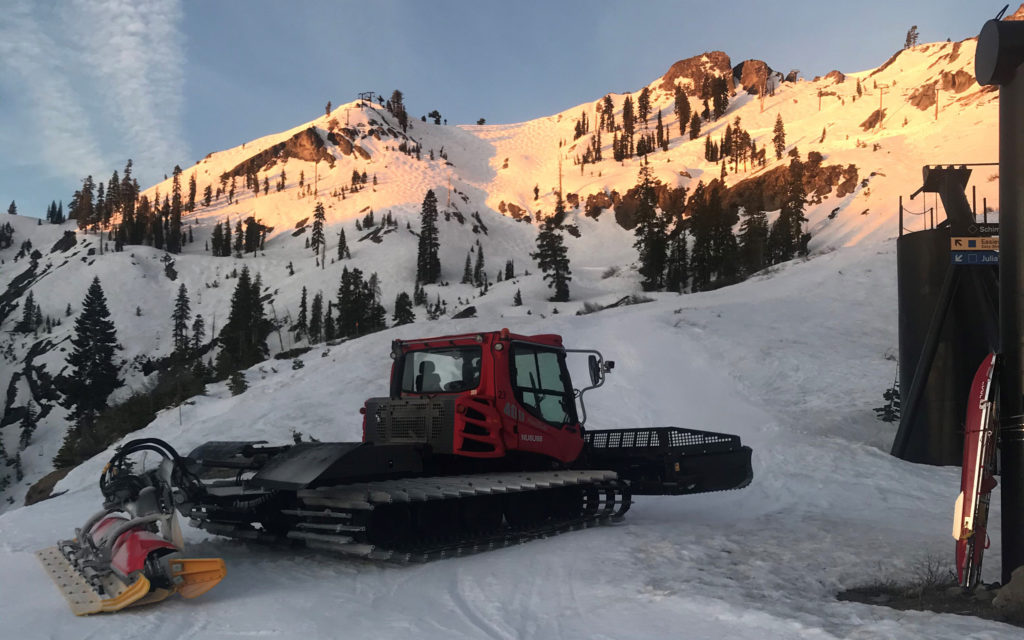 Snowcat on the access road to the top of KT-22 Express on April 29, 2021.