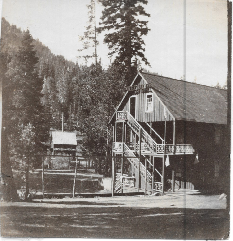 Historic photograph of Deer Park Inn, a retreat upstream of the Truckee River for hunters and fisherman in the late 1800s.